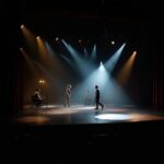 Dansare och musiker på scen i dramatiskt färgat strålkastarljus