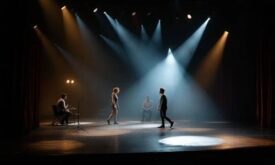 Dansare och musiker på scen i dramatiskt färgat strålkastarljus