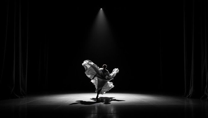 Dansare i dramatisk spotlight på en mörk teaterscen